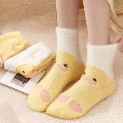 Fluffy Yellow Duck Socks for Women – Mid-Calf Kawaii Plush Cozy Fall & Winter Warmers