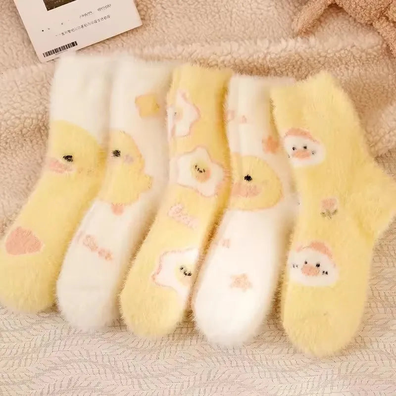 Fluffy Yellow Duck Socks for Women – Mid-Calf Kawaii Plush Cozy Fall & Winter Warmers