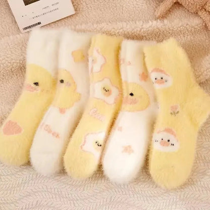 Fluffy Yellow Duck Socks for Women – Mid-Calf Kawaii Plush Cozy Fall & Winter Warmers
