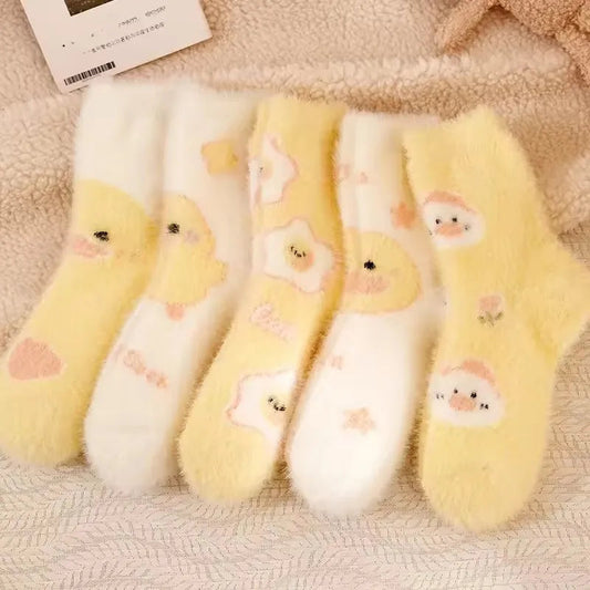 Fluffy Yellow Duck Socks for Women – Mid-Calf Kawaii Plush Cozy Fall & Winter Warmers