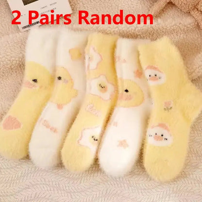 Fluffy Yellow Duck Socks for Women – Mid-Calf Kawaii Plush Cozy Fall & Winter Warmers