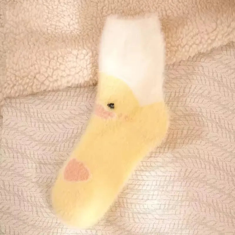 Fluffy Yellow Duck Socks for Women – Mid-Calf Kawaii Plush Cozy Fall & Winter Warmers